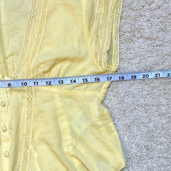SOLD Free People Yellow V Neck Button Up Ruched Lace Flutter Sleeve Blouse Top S - Picture 11 of 12